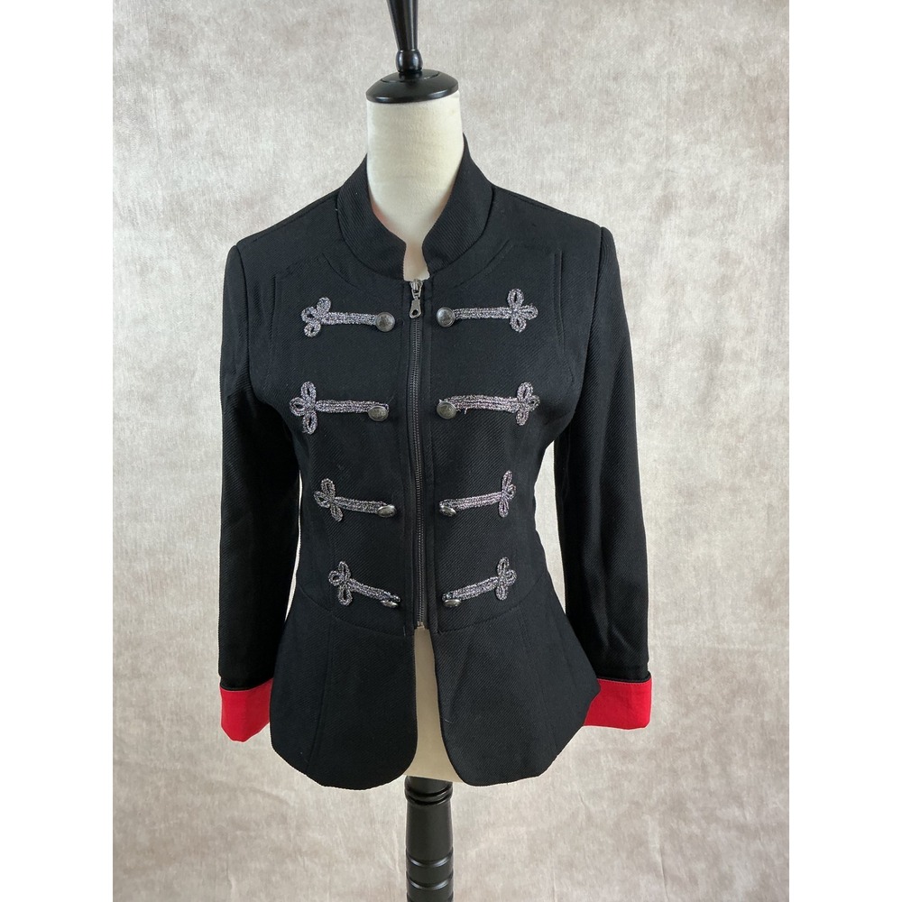 Military Style Black Jacket with Decorative Silver Accent Unique Women's Fashion